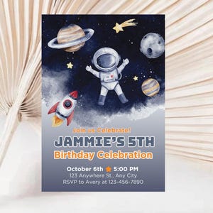 Editable Space Birthday Invitation – Astronaut & Planets Theme – Kids Party Digital Canva Template – A1011