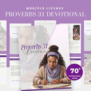 Könnte beinhalten: Ein Andachtsbuch mit dem Titel "Sprüche 31 Andacht" mit einer Frau, die an einem Schreibtisch schreibt. Das Cover zeigt den Titel in eleganter Schrift und ein sanftes lila Farbschema. Das Bild enthält mehrere Seiten und den Text "70+ Hyperlink-Seiten".