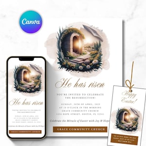 Leeres Grab Er ist auferstanden Einladung Christliche Oster-Brunch-Einladung Druckbare Religiöse Osterkarten Kirche Ostertags Kirche Event-Flyer