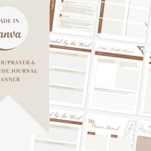 K&ouml;nnte beinhalten: Ein digitaler Planer in Braun- und Wei&szlig;t&ouml;nen. Der Planer enth&auml;lt Abschnitte f&uuml;r Gebet, Dankbarkeit und Vision Boards. Der Text "MADE IN Canva" und "PLR/MRR/PRAYER & GRATITUDE JOURNAL PLANNER" ist auf dem Cover sichtbar.