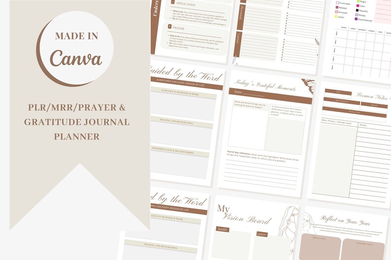 K&ouml;nnte beinhalten: Ein digitaler Planer in Braun- und Wei&szlig;t&ouml;nen. Der Planer enth&auml;lt Abschnitte f&uuml;r Gebet, Dankbarkeit und Vision Boards. Der Text "MADE IN Canva" und "PLR/MRR/PRAYER & GRATITUDE JOURNAL PLANNER" ist auf dem Cover sichtbar.