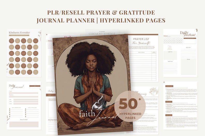 K&ouml;nnte beinhalten: Ein digitaler Planer mit einem braunen und goldenen Cover, das eine Frau mit dunklen, lockigen Haaren zeigt, die meditiert. Der Text auf dem Cover lautet "faith journal". Der Planer enth&auml;lt &uuml;ber 50 verlinkte Seiten f&uuml;r Gebet und Dankbarkeitstagebuch.