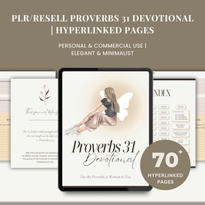 Op de afbeelding: Een digitaal, printbaar devotieboekje met een aquarelillustratie van een vrouw met vleugels. De omslag toont de tekst "Spreuken 31 Devotieboekje" en "Voor de Spreuken 31 Vrouw in jou". Het boekje bevat meer dan 70 gelinkte pagina's.