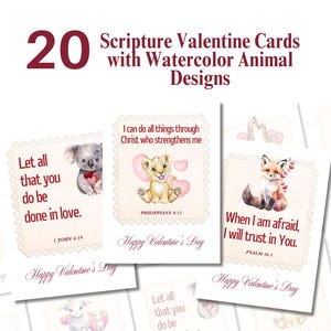 Cartões de escrituras de dia dos namorados, cartões de versículos bíblicos para impressão, cartões de animais em aquarela, cartões de dia dos namorados para crianças, pré-escola, etiqueta de dia dos namorados para crianças