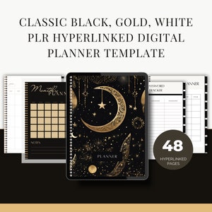 以下が含まれることがあります： 48ページのハイパーリンク付きデジタルプランナーテンプレート。表紙は、金色の三日月、星、その他の天体デザインが施された黒い背景です。"Planner"というテキストは金色の文字で書かれています。