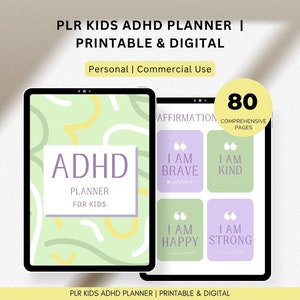 Planificador PLR TDAH para niños, Planificador escolar imprimible, Plantillas de planificador PLR de diario y lista de verificación para niños, Diario de gratitud