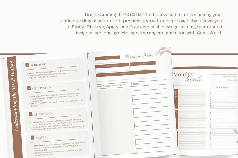 K&ouml;nnte beinhalten: Ein wei&szlig;es und braunes Journal mit dem Text "Understanding the SOAP Method" und "Sermon Notes" auf dem Cover. Das Journal ist auf einer Seite ge&ouml;ffnet, die Anweisungen zur Verwendung der SOAP-Methode zum Studium der Heiligen Schrift enth&auml;lt. Die n&auml;chste Seite enth&auml;lt einen Abschnitt zum Notieren von Predigten und einen Abschnitt f&uuml;r monatliche Ziele.