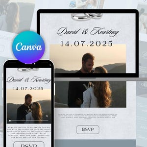 Może przedstawiać: Ogłoszenie ślubne na stronie internetowej z białym tłem i szarą, fakturowaną nakładką. Tekst brzmi "David & Kourtney" kursywą i "14.07.2025" czcionką bezszeryfową w kolorze czarnym. Pod tekstem znajduje się zdjęcie pary. Strona zawiera przycisk "RSVP".