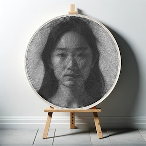 Puede incluir: Un retrato en blanco y negro de la cara de una persona creado con arte de cuerda. La obra de arte se muestra en un caballete de madera.
