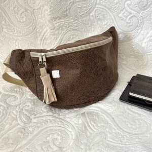 Upcycled fanny pack handmade of eco-friendly leather, hip bag, large brown crossbody bag, colorful urban iPad bag