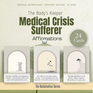 May include: A digital download graphic with the text "The Body's Keeper Medical Crisis Sufferer Affirmations." The image features three cards with illustrations and affirmations, and a circle with "24 Cards."