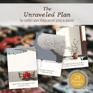 Puede incluir: Un conjunto de 24 tarjetas de afirmación imprimibles, "The Unraveled Plan", con ilustraciones y citas sobre los giros inesperados de la vida. Las tarjetas están disponibles para descarga instantánea. El texto incluye frases como "Tenía un plan."