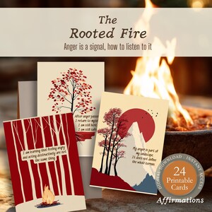 Puede incluir: Un conjunto de tarjetas de afirmación con ilustraciones temáticas de la naturaleza y texto. Las tarjetas presentan imágenes de árboles, montañas y una hoguera, con frases sobre el manejo de la ira. El texto dice "The Rooted Fire" y "24 Printable Cards".