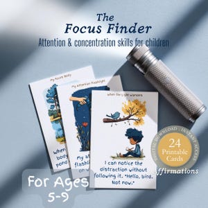 May include: The Focus Finder cards for children, featuring affirmations for attention and concentration. Includes 24 printable cards with illustrations and text. A silver flashlight is placed next to the cards. For ages 5-9.