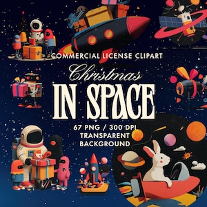Puede incluir: Ilustración digital con temática espacial, con una nave espacial, planetas y astronautas. El texto "Christmas IN SPACE" se muestra de forma destacada. La imagen incluye varios elementos espaciales y el texto "COMMERCIAL LICENSE CLIPART".