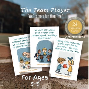 Könnte beinhalten: Drei Affirmationskarten für Kinder im Alter von 5-9 Jahren mit Illustrationen und Text. Die Karten tragen den Titel "The Team Player" und enthalten Sätze wie "We" is more fun than "me". Die Karten sind als digitaler Download erhältlich und enthalten 24 druckbare Karten.