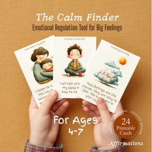 Puede incluir: Un conjunto de tarjetas de afirmación titulado "The Calm Finder" para niños de 4 a 7 años, diseñado como una herramienta de regulación emocional. Las tarjetas presentan ilustraciones y frases como "Encuentro calma en mi mundo" y "Mis sentimientos están bien".