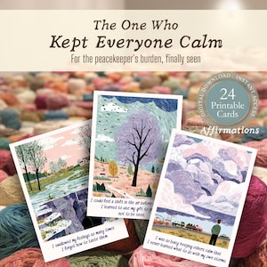 May include: Set of three affirmation cards with illustrations and text. The cards feature landscape scenes with trees, rivers, and clouds. The text includes phrases like "I swallowed my feelings" and "I was so busy keeping others calm."