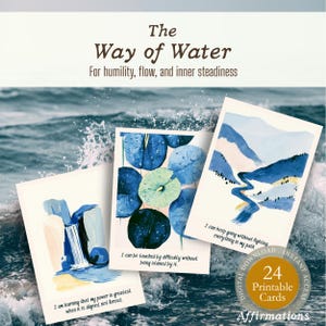 Peut inclure: Trois cartes rectangulaires présentant des illustrations à l'aquarelle de scènes aquatiques et des affirmations. Les cartes affichent des tons bleus et verts, incluant une cascade, des nénuphars et un paysage fluvial, avec du texte imprimé.