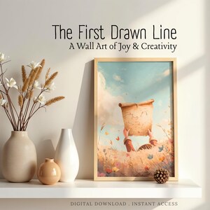 Könnte beinhalten: Ein gerahmter Wandkunstdruck mit dem Text "The First Drawn Line" und "A Wall Art of Joy & Creativity". Das Kunstwerk zeigt eine Person, die eine Schriftrolle in einem Blumenfeld unter blauem Himmel hält. Dekorative Vasen und ein Tannenzapfen stehen auf einem weißen Regal.