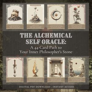 May include: A set of eight tarot cards with illustrations and text, featuring a skull, a building, a crescent moon, a rose, a sword, a flame, a doorway, and a coastal scene. The text reads "THE ALCHEMICAL SELF ORACLE: A 44-Card Path to Your Inner Philosopher's Stone."