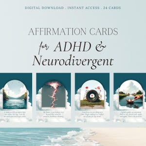 Può includere: Carte di affermazione scaricabili digitalmente per persone con ADHD e neurodivergenti. Le carte presentano illustrazioni a tema natura con affermazioni. Il testo include frasi come "Un momento di frustrazione non definisce la mia giornata" e "Posso concentrarmi su una cosa alla volta".