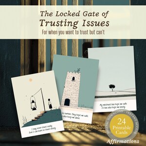 Könnte beinhalten: Drei Affirmationskarten mit Illustrationen und Text. Die Karten zeigen Zeichnungen einer Laterne, eines Turms und eines Baumes. Der Text auf den Karten enthält Sätze über Vertrauen und Einsamkeit. Die Karten sind mit "24 druckbare Karten" und "Affirmationen" beschriftet.