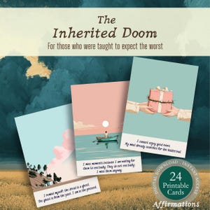 Op de afbeelding: Digitale download van 24 afdrukbare affirmatiekaarten. De kaarten bevatten illustraties en tekst, waaronder "The Inherited Doom" en "For those who were taught to expect the worst."
