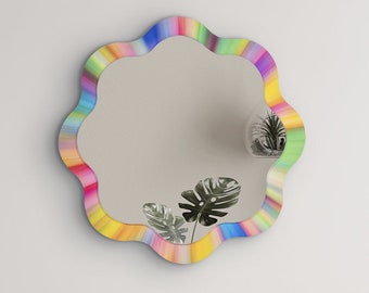 Runder Blumen-Wandspiegel für Wohnzimmer, runder Spiegel-Wanddekor, Regenbogen-Spiegel