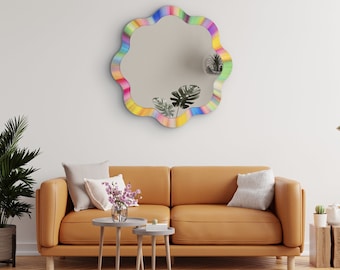 Round Flower Wall Mirror for Living Room , Round Mirror Wall Decor , Rainbow Mirror