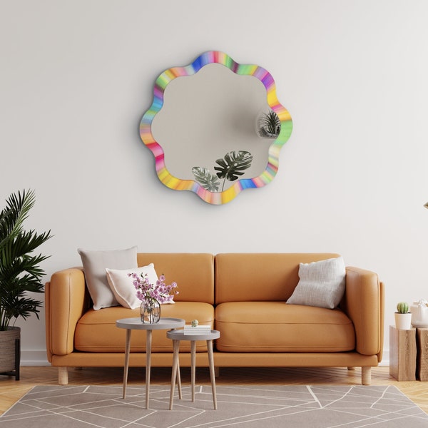 Espejo redondo de pared de flores para sala de estar, decoración de pared de espejo redondo, espejo arco iris