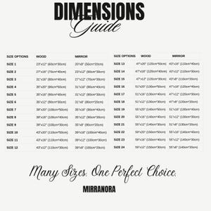 Op de afbeelding: Een zwart-witte maattabel met de titel DIMENSIONS GUIDE, met 24 maatopties voor hout- en spiegelproducten met afmetingen in inches en centimeters. De tekst onderaan luidt Many Sizes. One Perfect Choice. MIRRANORA.