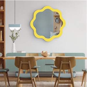 Yellow Round Wall Mirror , Asymmetrical Flower Mirror , Modern Bathroom Mirror , Kids Room Mirror , Colorful Vanity Mirror
