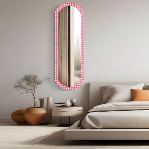 Pink Check Pattern Wooden Wall Mirror , Full Length Oval Bathroom Mirror , Modern Bedroom Wall Mirror , Pill Shaped Mirror