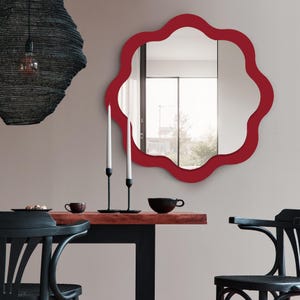 Red Round Vanity Mirror , Asymmetrical Flower Mirror , Modern Bathroom Mirror , Kids Room Mirror ,