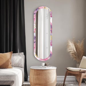 Pink Marble Effect Wooden Wall Mirror , Full Length Oval Bathroom Mirror , Modern Bedroom Wall Mirror , Pill Shaped Mirror