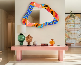 Wavy Vanity Mirror: Asymmetrical Colorful Wood Frame Wall Decor