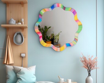 Round Flower Wall Mirror for Living Room , Round Mirror Wall Decor , Rainbow Mirror