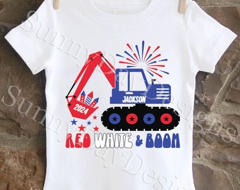 Custom 4th of July Shirt for Boys, 4th of July Outfit, 4th of July Construction Shirt, Boys 4th of July T-shirt, Red White and Rawr Shirt