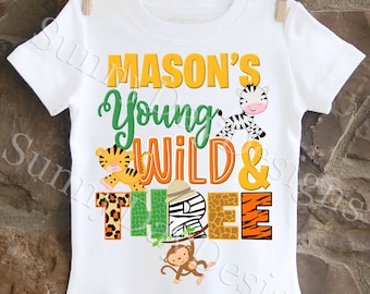 Young Wild and Three Birthday Shirt, Zoo Animals Birthday Shirt, Safari Birthday Shirt, Wild Birthday Shirt, Jungle Animals Birthday Shirt