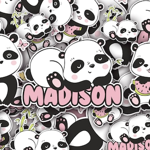 Personalized Kawaii Panda Sticker Set of 5, Panda Water Bottle Stickers, Panda Laptop Stickers, Panda Stickers, Custom Stickers Vinyl
