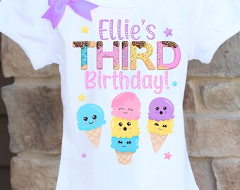 Ice Cream Third Birthday Shirt: Personalized Three Scoops Tee