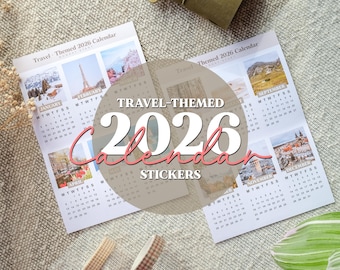 2026 Travel Calendar Stickers • Mini Calendar Stickers • Monday or Sunday Start  • Monthly Planner Stickers • Travel Landmarks 2026 Calendar