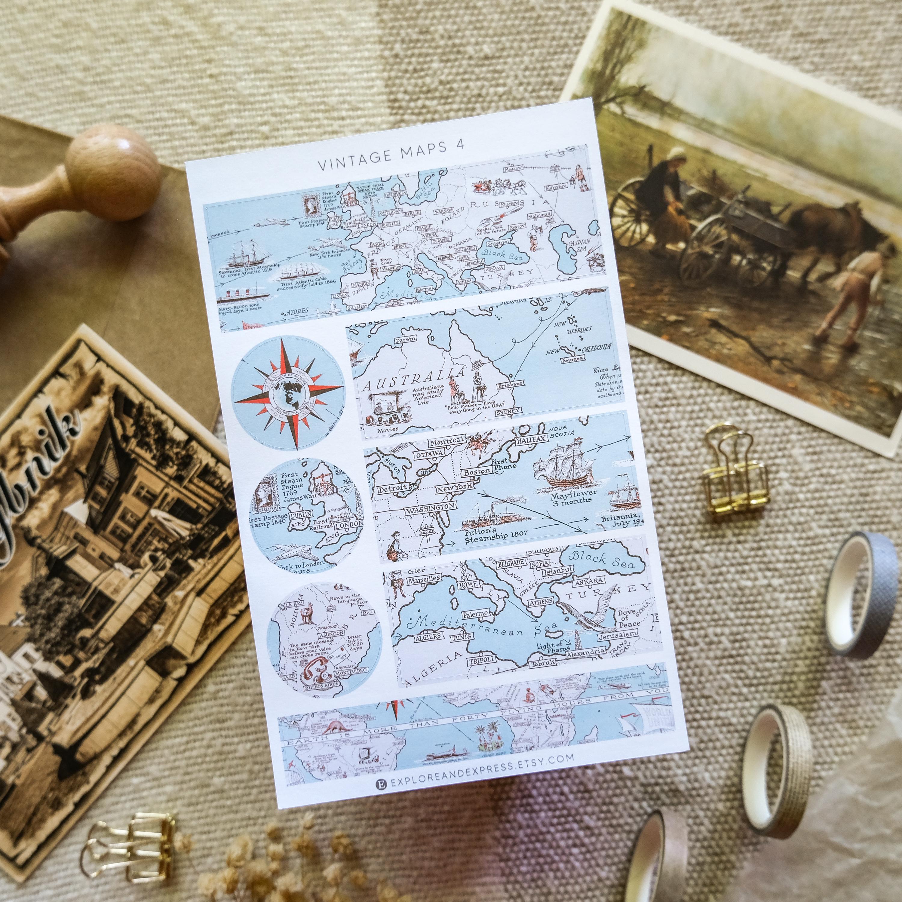 Vintage Map Stickers – Old Map Sticker Sheet, Travel Journal, Scrapbook ...