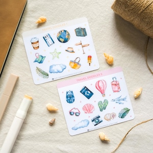 Mini pegatinas de iconos de viaje, pegatinas de verano, pegatinas de vacaciones, pegatinas de doodle de viaje, pegatinas con temática de viajes