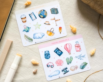Mini Travel Icon Stickers, Summer Stickers, Holiday Stickers, Travel Doodle Stickers, Travel-Themed Stickers