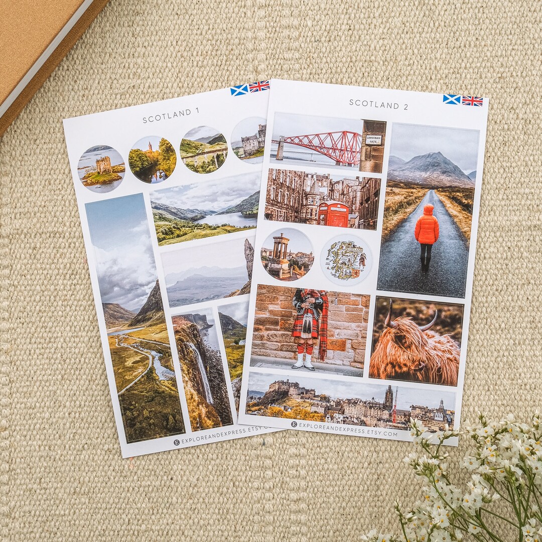 Scotland Sticker Sheets With Highland Cow, Scottish Kilt, Edinburgh
