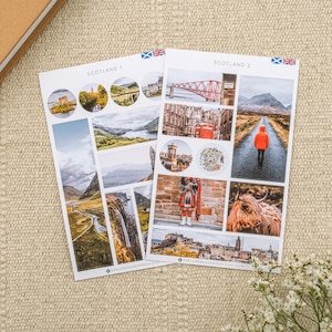 Schotland stickervellen met Highland Cow, Scottish Kilt, Edinburgh, Isle of Skye en meer. Schotland reiscadeau. Ideaal voor reisverslag