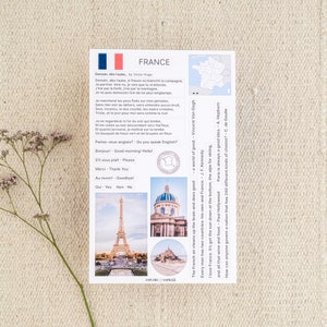 Frankreich Reiseaufkleber-Kit mit französischer Flagge, Frankreich-Karte, französischen Grundphrasen, ikonischen Zitaten, berühmtem Gedicht und Frankreich-Fotoaufklebern