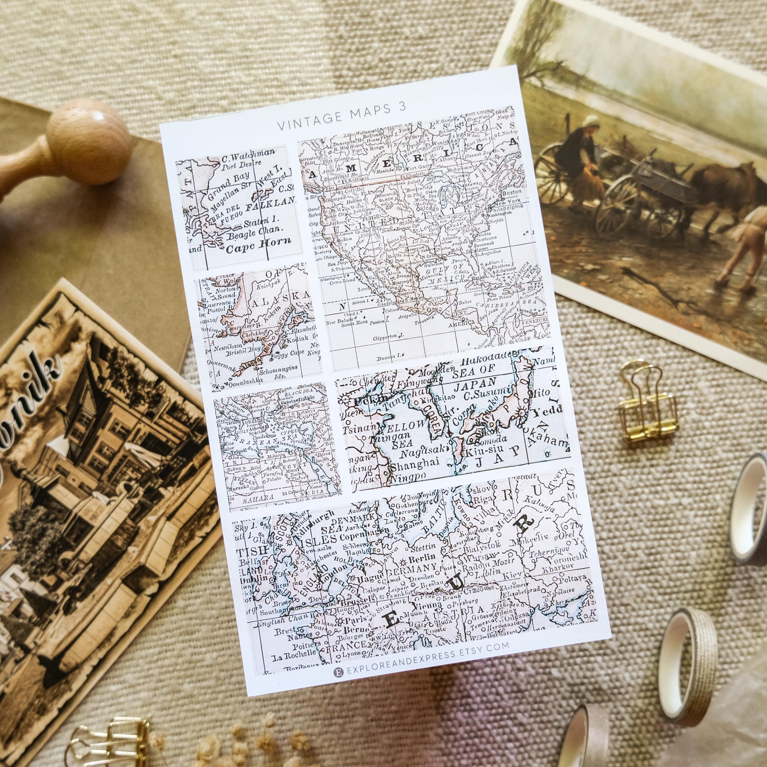 Vintage Map Stickers – Old Map Sticker Sheet, Travel Journal, Scrapbook ...
